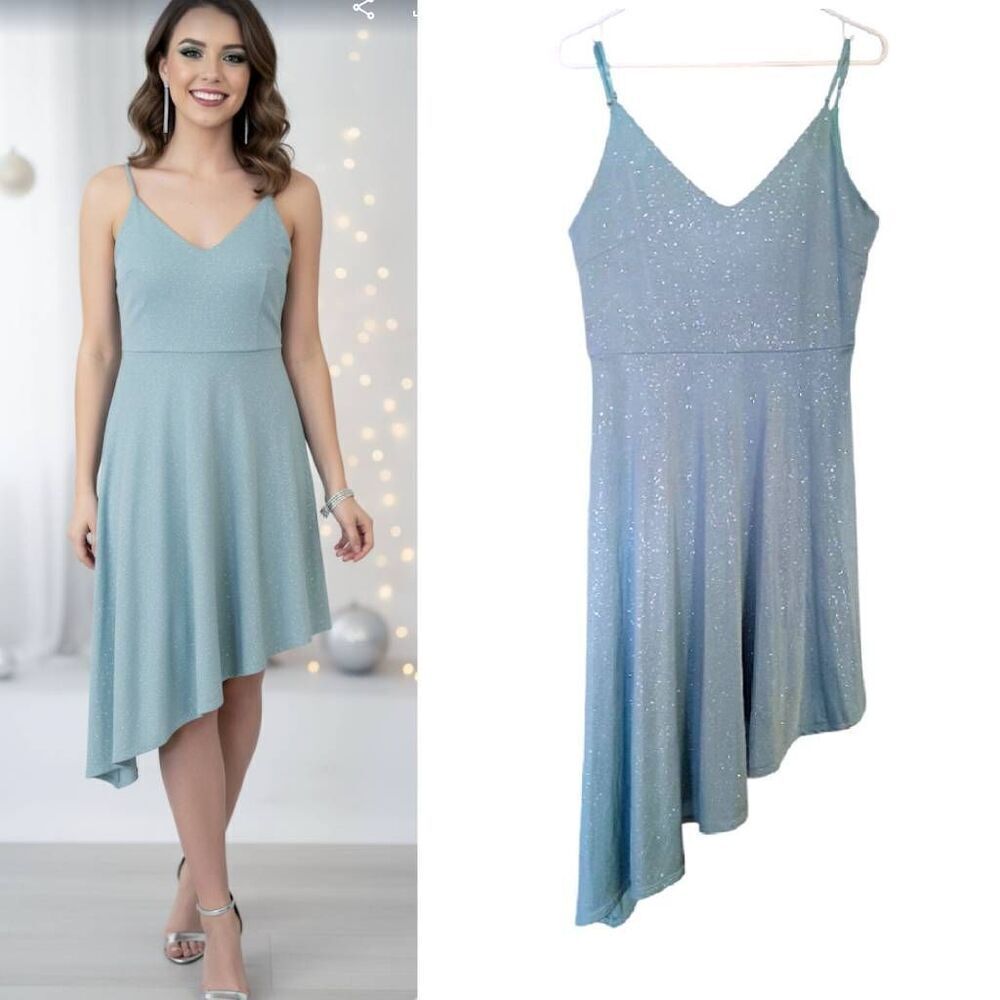 I Joah Sparkly Light Green Asymmetrical Tank Midi Cocktail Dress Large‎